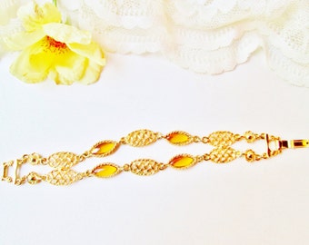 Gold Honeycomb Chain & Honey Yellow Glass Double Chain Bracelet Metal Honeycomb Links Chain Yellow Cabochons