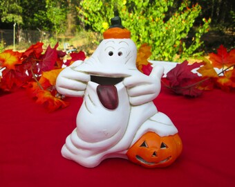 Funny Face Ghost and Jack O Lantern Pumpkin Tea Light Candle Holder Bisque Ceramic Halloween Candle Holder Decoration