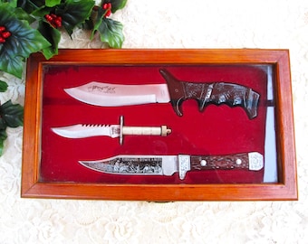 3 Knife Set in Glass Wood Display Case Stainless Steel Bowie Knife Etched Design or Wall Hanging Display