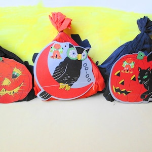 3 Halloween Pumpkin Owl Black Cat w Pumpkin Die Cut & Crepe Paper Party Decorations Centerpiece or Hats Sewn Antique Party Supply