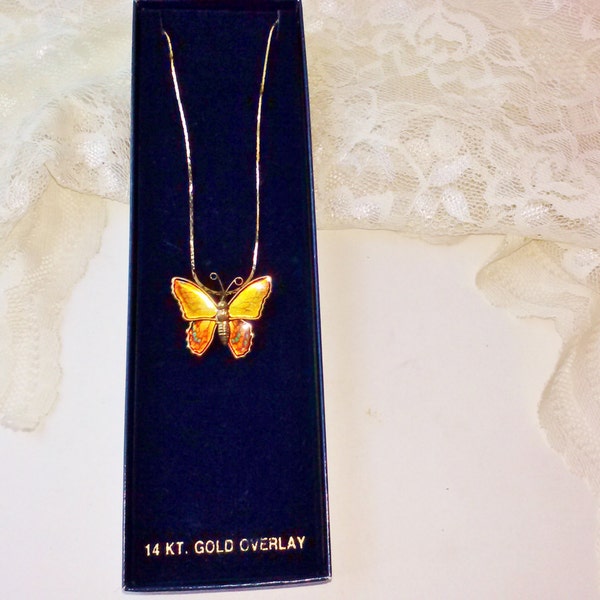Gold Butterfly Necklace or Brooch Vintage NIB 14K Gold Overlay Yellow Convertible Pin Necklace Nature Figural Insect Brooch
