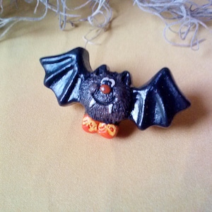 Cute Black Vampire Bat Brooch Halloween Bat Pin Vintage OOAK Handmade Plaster Signed Dated by Artist Novelty Fun Holiday Jewelry