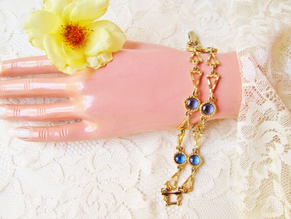 Gold & Blue Glass Bracelet Vintage New Triangle G… - image 2