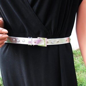 Metallic Silver Cinch Belt Skinny Leather Belt Women Girls Sparkle Faceted Rhinestones Metal Studs Vintage 47&quot;x 3/4&quot; Waist Glamour Rave Prom