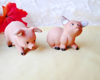 NAPCO Miniature Pig Figures Set Bisque Ceramic Stoneware Vintage Piggy Original Tags 2" Pigs