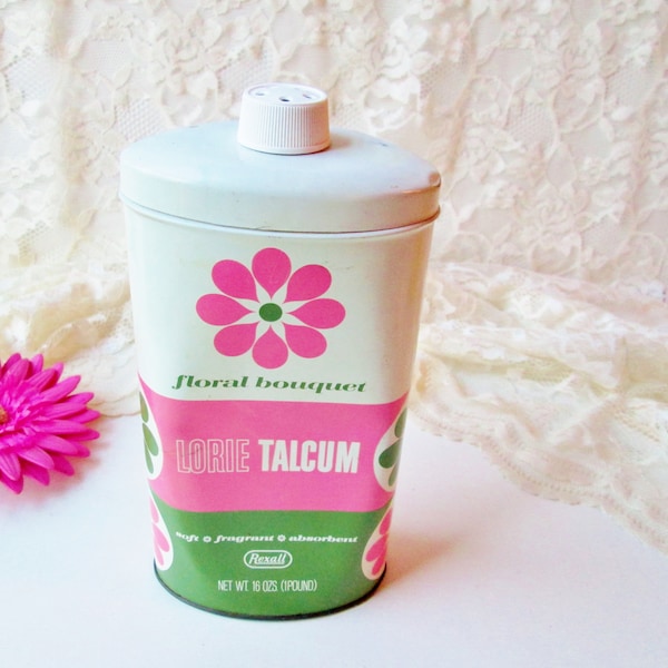 Lorie Talcum Powder Tin Vintage Bath Powder Floral Bouquet Fragrance Soft Absorbent Large 16oz Shaker Can Hippie Flowers Pink Green White