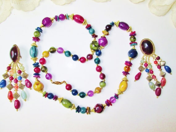 Multi Color Rainbow Beads Necklace Earrings Set V… - image 1
