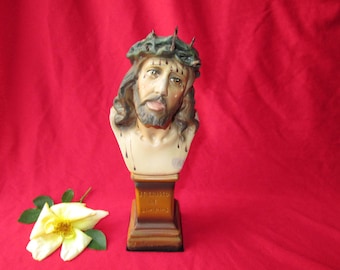 Antique Jesus Bust Statue St. Cristo De Limpias on Pedestal Chalkware Figure Metal Barbs Crown Thorns Realistic Tears Religious Home Alter