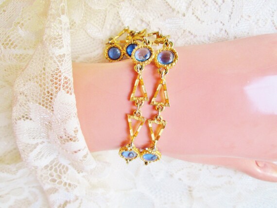 Gold & Blue Glass Bracelet Vintage New Triangle G… - image 5
