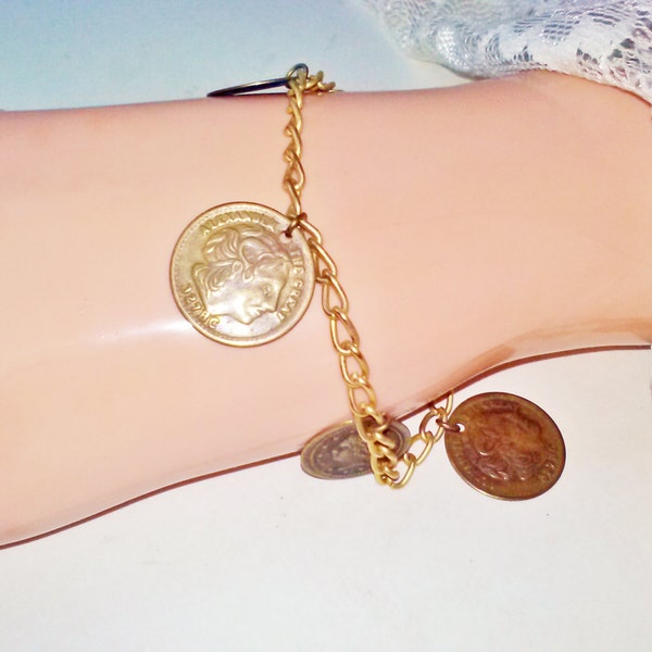 Antique Gold Coins Charm Bracelet or Anklet Vintage Greek Coin Alexander the Great Good Luck Gypsy Hippie Boho Costume Jewelry Hipster