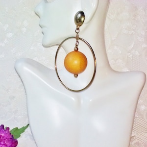 Silver Large Hoop Wood Bead Earrings Boho Beach Folk Lg Tan Round Bead & Hoops Vintage Stud Hippie Rocker Earrings Birthday Gift