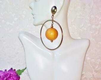 Silver Large Hoop Wood Bead Earrings Boho Beach Folk Lg Tan Round Bead & Hoops Vintage Stud Hippie Rocker Earrings Birthday Gift