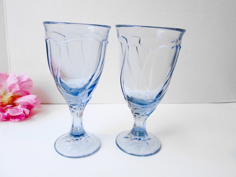 Blue Glass Stemmed Goblets Set Vintage Noritake Sweet Swirl Etsy