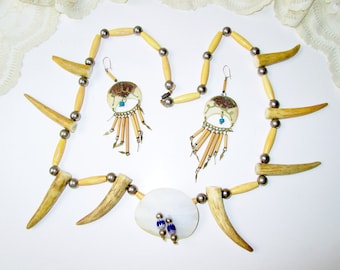 Natural Deer Elk Antler Tribal Necklace & Earring Set Vintage African Native Ethnic Beads Polished Antler Pendant Jewelry Folk Boho Jewelry