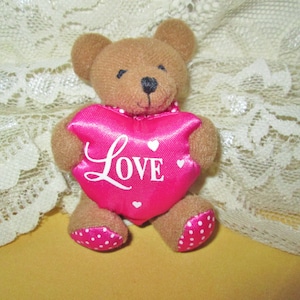 Plush Teddy Bear Magnet Refrigerator Magnet Sarah Coventry Stuffed Miniature Bear w Pink LOVE Valentine Heart Christmas Stocking Stuffer Her