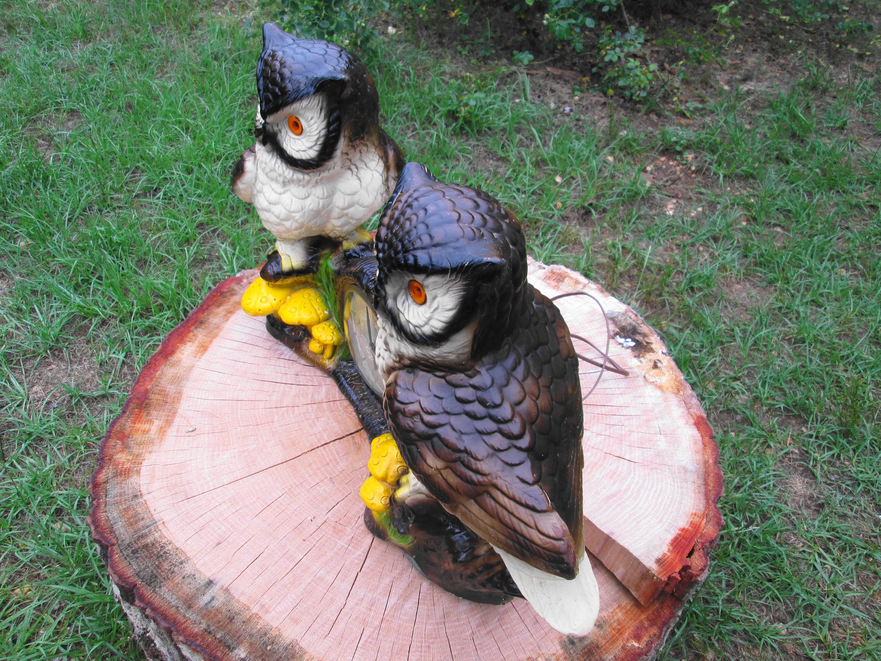 Double Owls Mantle Clock Vintage Huge Electric Chalkware Roansa