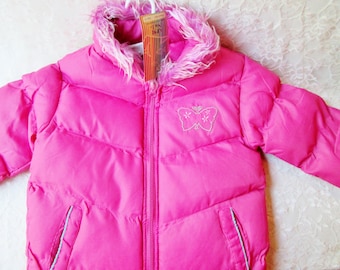 Fuchsia Pink Girls Coat Size 8 Ski Jacket Vintage NOS Girls Childs Winter Coat Puffy Padded Fur Lined Collar Pockets