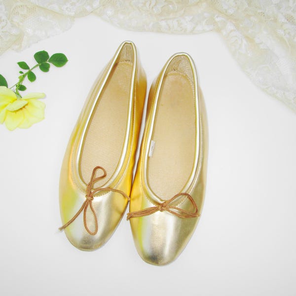 Metallic Gold Ballerina House Shoes Women Size 7W Vintage Ladies Flats Slip On Shoes w Tie Rubber Sole Shiny Gold w Soft Foam Insoles Mother