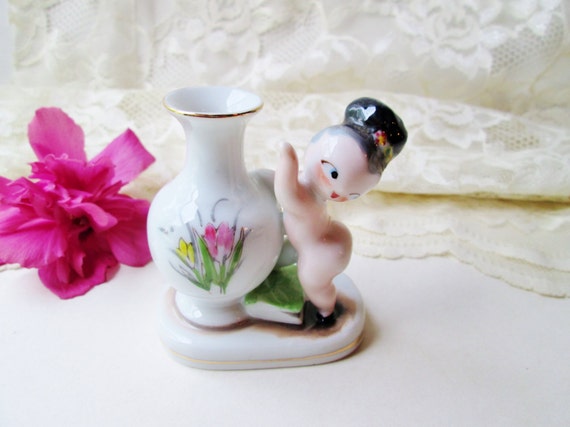 Naked Asian Girl Flower Figurine Bud Vase Vintage Nude Girl Small Glazed  Porcelain Mocco Occupied Japan Home Desk Office Dresser Decor