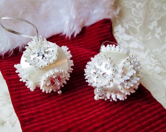 Snowflake Ball Ornaments Silk 9" Pin & Pearl Silver Christmas Wedding Unused Tree Hanging Holiday Vintage Handmade Home Wedding Decor