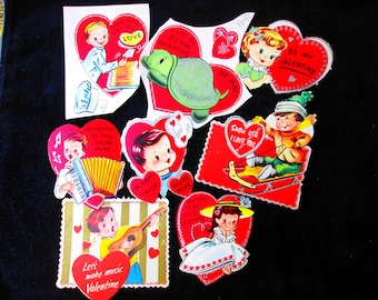 Vintage Lot of 8 Assorted Valentine Cards Unused Children Music Cook Animal Valentines