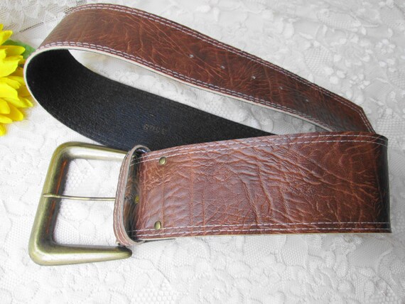 Brown Leather Wide Women's Belt Big Brass Buckle … - image 3