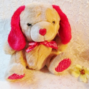 Plush Dog Toy Vintage Valentine Stuffed Furry Animal Figure Doll Tan Red Silk Bow Roses Heart Nose Valentine  Love Gift Nursery Child Decor