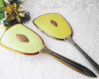 Vanity Set Hand Mirror & Hair Brush Vintage Dresser Set 1930's Gold Brass Bakelite Acrylic or Celluloid Personalized Name "Irene"