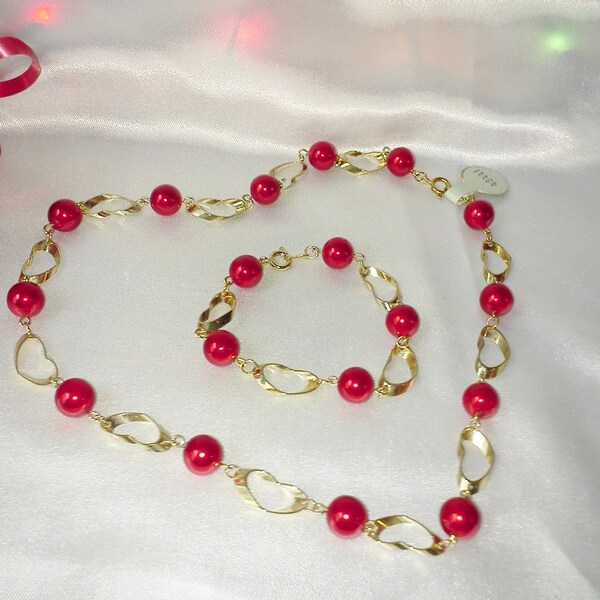 Gold Hearts & Bright Red Beads Necklace Bracelet Set Vintage New Unused Demi Parure Costume Jewelry Set Valentine Special Love Gift Anyone
