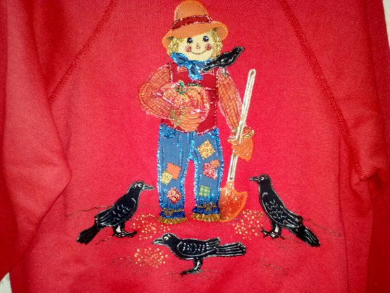 Sparkly Scarecrow Farmer Red Sweatshirt OOAK Hand… - image 1