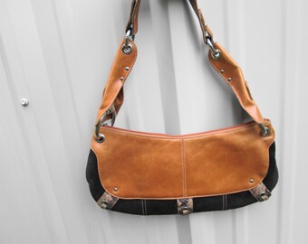 Leather Suede Snake Skin Shoulder Strap Purse Vintage Angelo Carbotti Italian Handcrafted Tan Leather Brown Suede Snake Skin & Metal Rings
