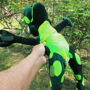 Pu&ograve; includere: Un pupazzo di rana di peluche verde e nero con occhi grandi e un corpo lungo e flessibile. Il pupazzo &egrave; tenuto da una mano.