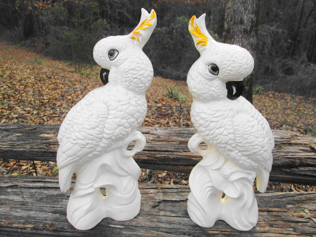 Large White Cockatiels Porcelain Figures Set Vintage Ceramic