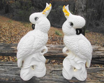 Gorgeous Large White Cockatiels Porcelain Figures Set Vintage Ceramic 12" tall Parrot Bird Cockatoos Statue Sculptures Excellent Cond