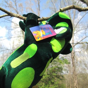 Pu&ograve; includere: Rana di peluche verde e verde lime con un'etichetta che dice "Please Enjoy Our Toy".