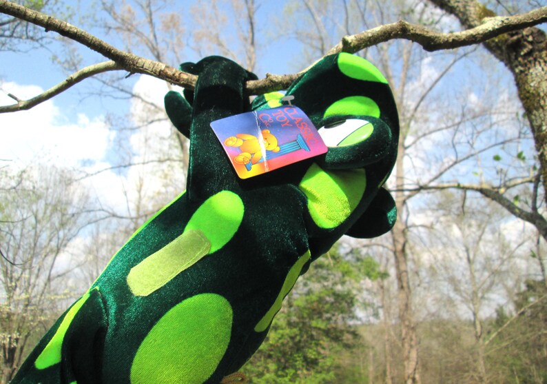 Pu&ograve; includere: Rana di peluche verde e verde lime con un'etichetta che dice "Please Enjoy Our Toy".