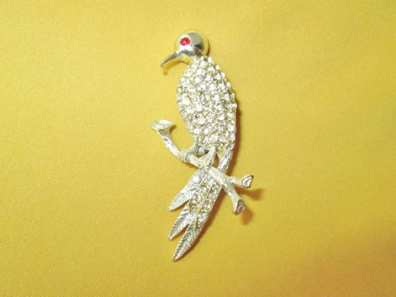 Bird Brooch Rhinestone Bird on Branch Silver Meta… - image 1