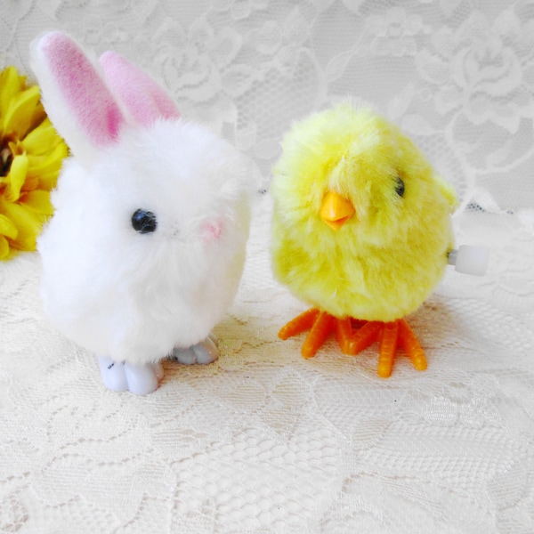 Wind Up Plush Hopping Chick or Wind Up Bunny Rabbit Wind Up Toy Hopping Yellow Chick or White Easter Bunny 3" tall Easter Basket Filler Toy