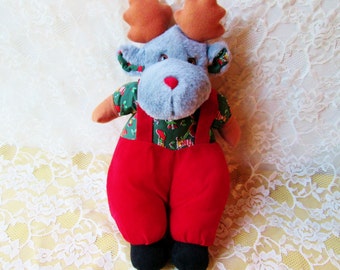 Plush Reindeer Plush Doll Toy Gray Stuffed Animal Christmas Figure Toy Holiday Vintage Home Collectible Decor Red Green Suit Gift