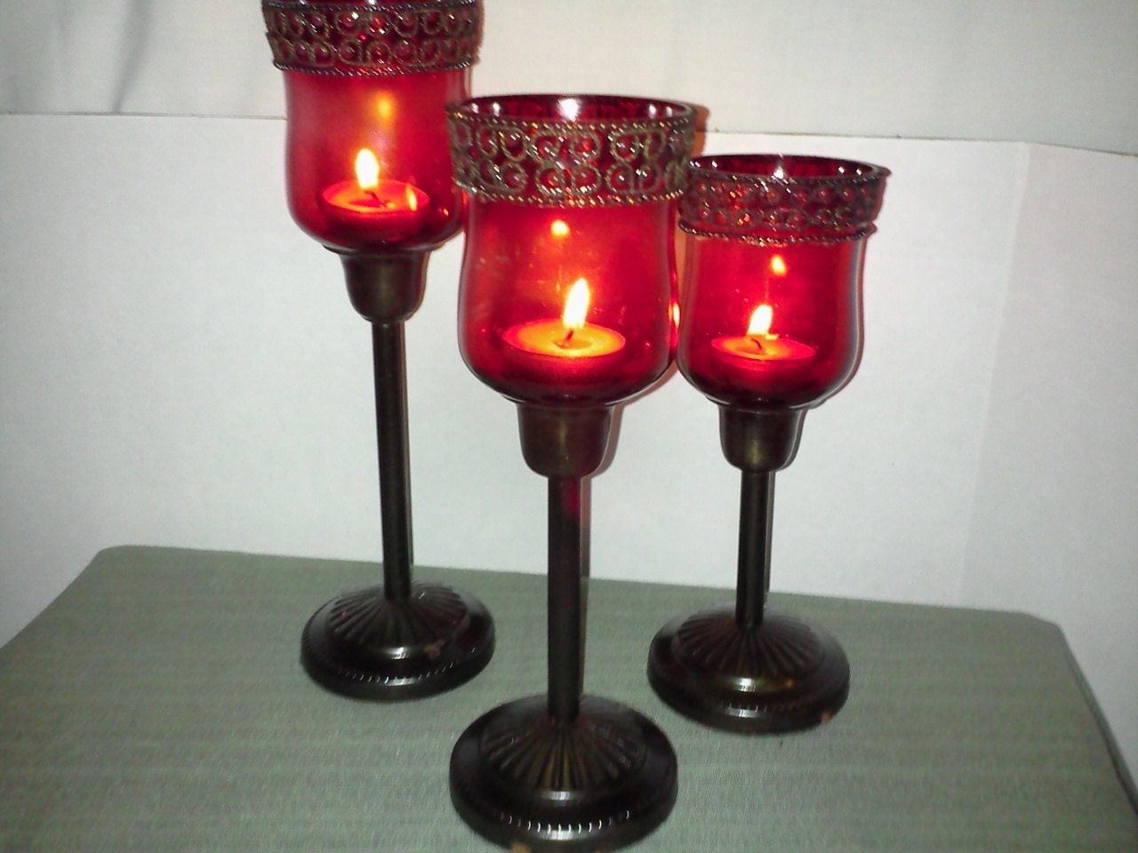 Brass & Red Glass Candelabra Vintage NIB Candle Holders 3 Set Etsy