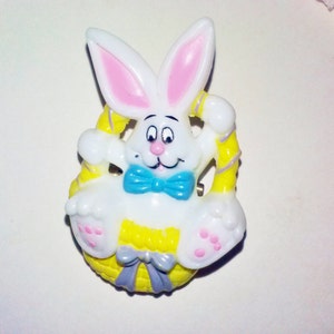 Easter Brooch Vintage Pin White Bunny Rabbit Yellow Easter Basket Fun Novelty Spring Summer Jewelry Peter Cottontail Woodland Animal Figure