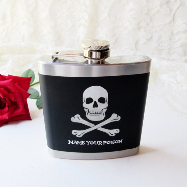 Black White Skull Crossbones Hip Flask Vintage Hand Painted Name Your Poison Bikers Travel Alcohol Decanter Goth Hippie Stainless Steel 6oz