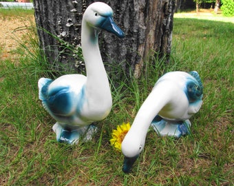 Huge Geese Figures Set Goose Gander Statues Vintage Porcelain Ceramic White & Blue Home Garden Decor Farm Animal Figurines