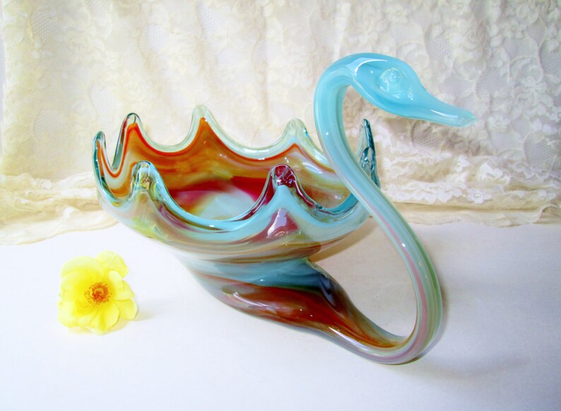 Large Swan Bowl Blown Glass Vintage Murano Vase Fruit Blue Orange Bird Kitchen Home Decor Table Centerpiece Serve