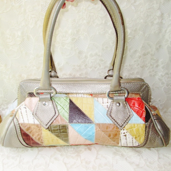 VTG Rainbow Genuine Leather Patchwork Shoulder Bag Purse 80s/90s Colorful Y2K