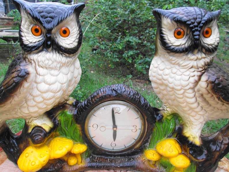 Double Owls Mantle Clock Vintage Huge Electric Chalkware Etsy