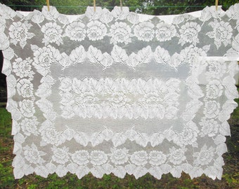 Large White Lace Floral Tablecloth Roses & Leaves 83-1/2 x 56-1/2 Crochet Vintage Square Rectangle Soft Spring Summer Lace Elegant Wedding