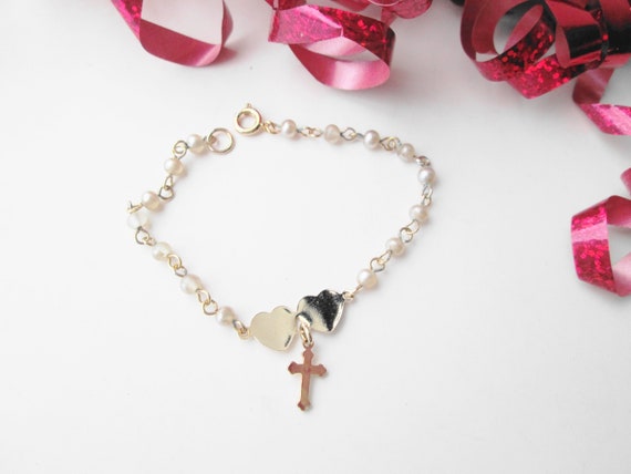 Double Hearts Cross Charm & Pearls Bracelet Sweet… - image 6