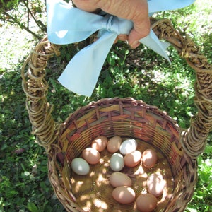 May include: A wicker basket with a blue ribbon handle filled with brown and white eggs.