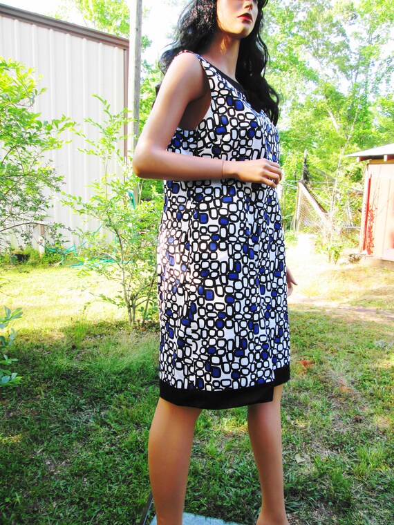 blue and white shift dress Women Mod Straight Size 14 Vintage Hippie Mod Black Dots Bow Border Silk Lined Fancy Tea Party Shower Elegant Casual Lulus